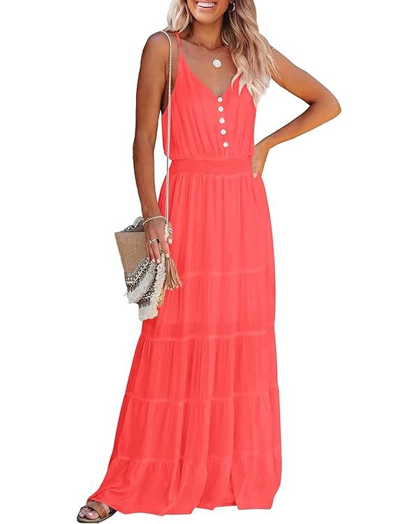 PRETTYGARDEN Womens Summer Spaghetti Strap Sleeveless High Waist Beach Long Maxi Sun Dress | Amazon (US)