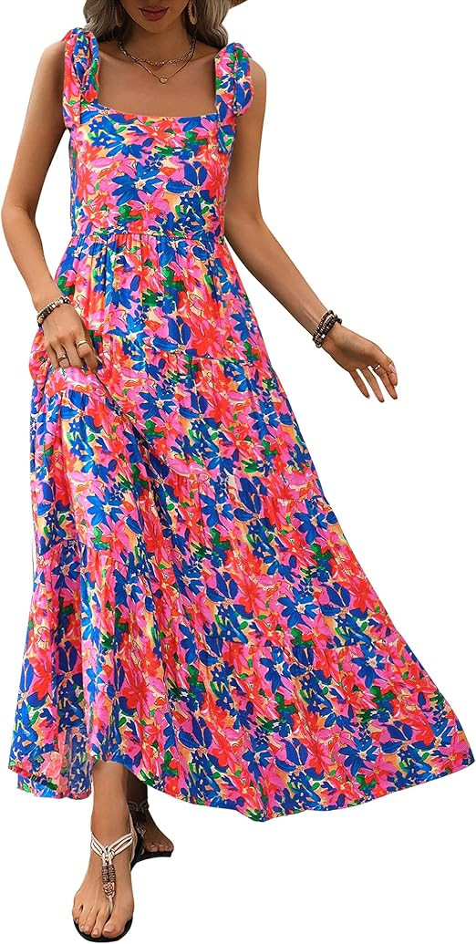 PRETTYGARDEN Women Dresses 2026 Summer Floral Sleeveless Maxi Dress Casual Spaghetti Strap Tiered... | Amazon (US)
