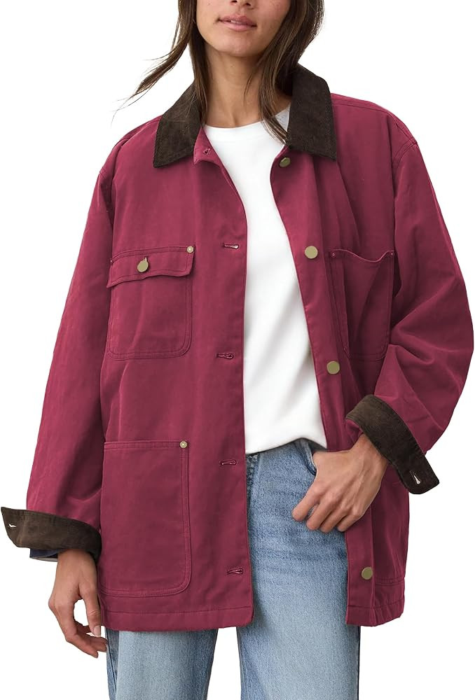 Womens Utility Barn Jackets Oversized Vintage Corduroy Collar Coat | Amazon (US)