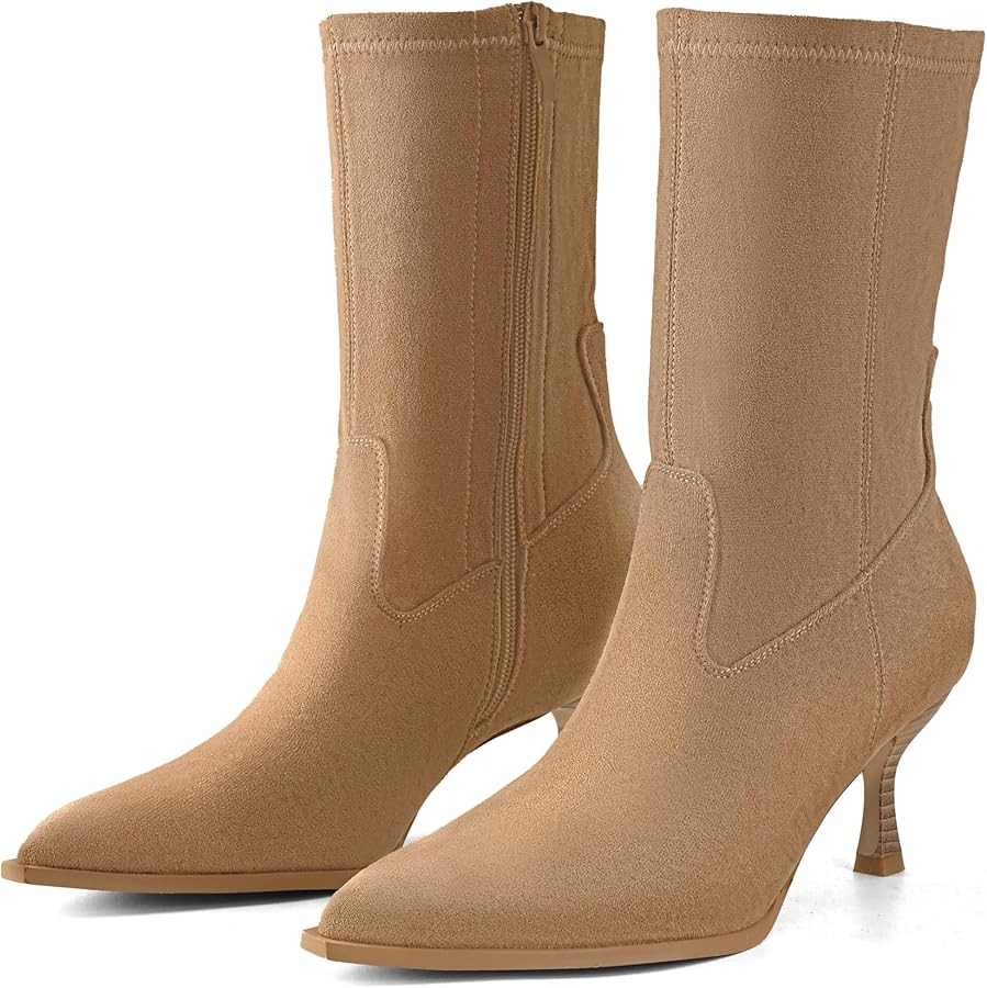 Kitten Heel Ankle Boots for Women Pointed Toe Stacked Stiletto Booties with Side Zipper Mid Calf ... | Amazon (US)