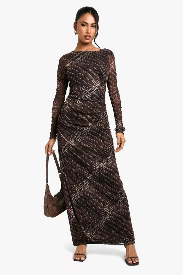 Croc Print Ruched Maxi Dress | boohoo (US & Canada)