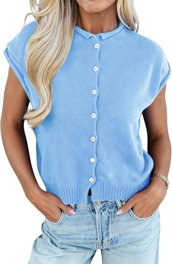 Womens Rolled Cap Sleeve Knit Top Button Up Summer Lightweight Sweater Cardigan | Amazon (US)