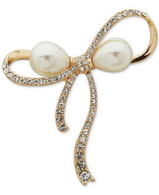 Gold-Tone Imitation Pearl & Crystal Pavé Ribbon Bow Pin | Macy's