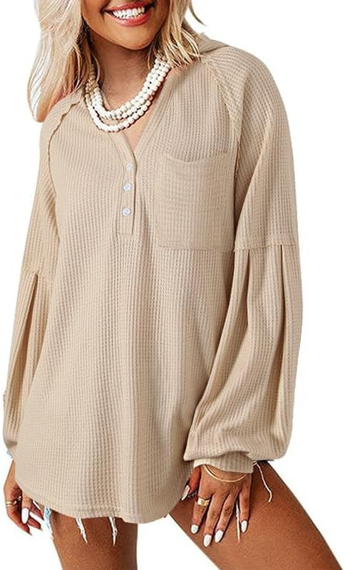 SHEWIN Womens Fall Tops Button V Neck Long Sleeve Shirts for Women Solid Color Waffle Knit Tunic ... | Amazon (US)