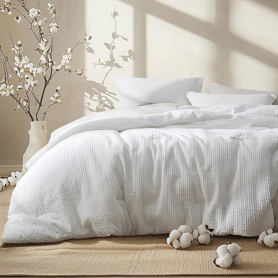 Bedsure White King Size Comforter Set - Soft Stripe Bedding Set for All Seasons, Stripe Fluffy Be... | Amazon (US)