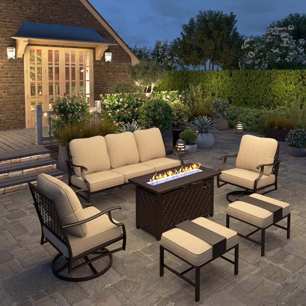HERA'S HOUSE 6 Pieces Patio Furniture Set with Fire Pit Table, 2 x Swivel Chair, 2 x Ottoman, 3-S... | Amazon (US)