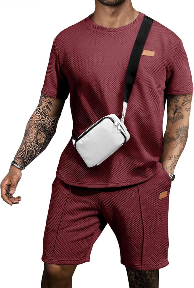 JMIERR Men's Jacquard Knit Lounge Sets Short Sleeve T-Shirts and Shorts Matching Set Loungewear S... | Amazon (US)