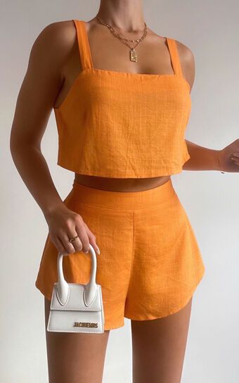 Zanrie Two Piece Set - Linen Look Square Neck Crop Top and High Waist Mini Flare Shorts Set in Or... | Showpo (US, UK & Europe)