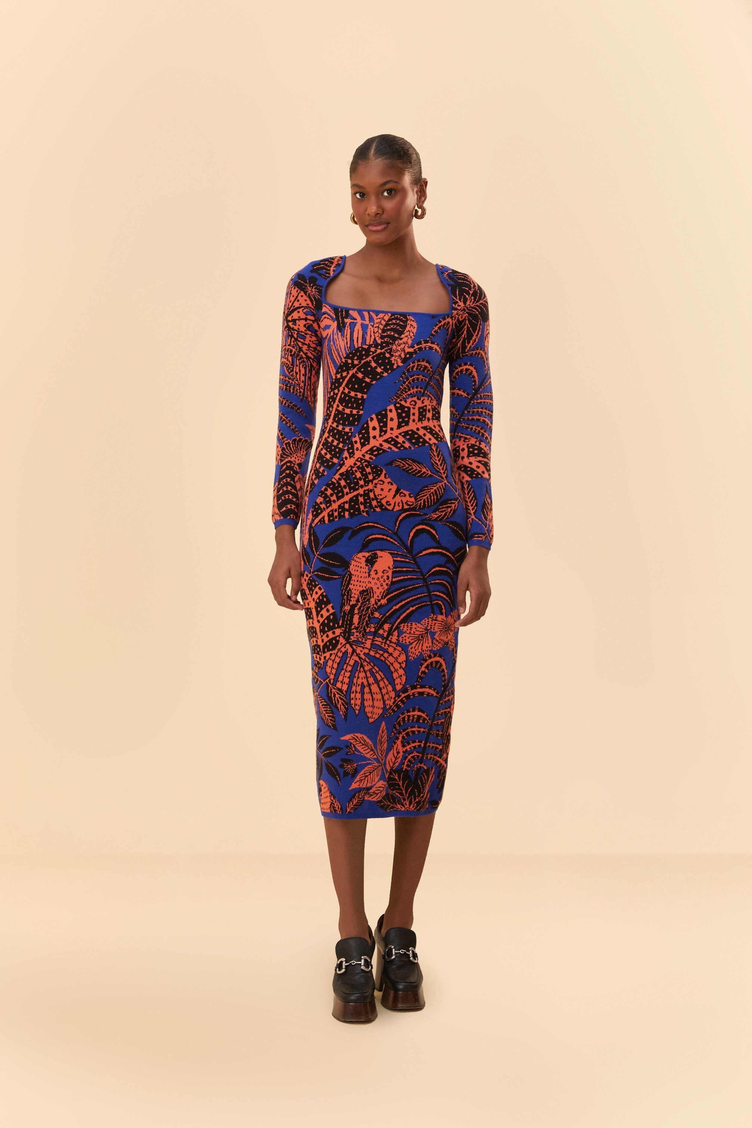 Blue Tropical Gold Long Sleeve Dress | FarmRio (US)