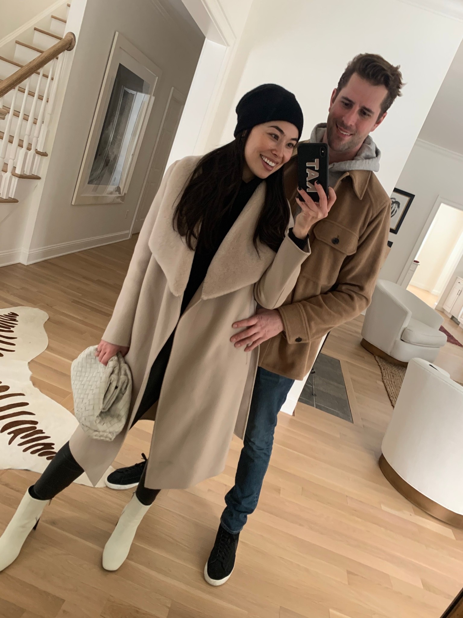 Kat Jamieson of With Love From Kat shares a fall outfit. Neutral coat, white booties, fall style, neutral clutch, black beanie, neutral outfit. 

#LTKSeasonal #LTKstyletip