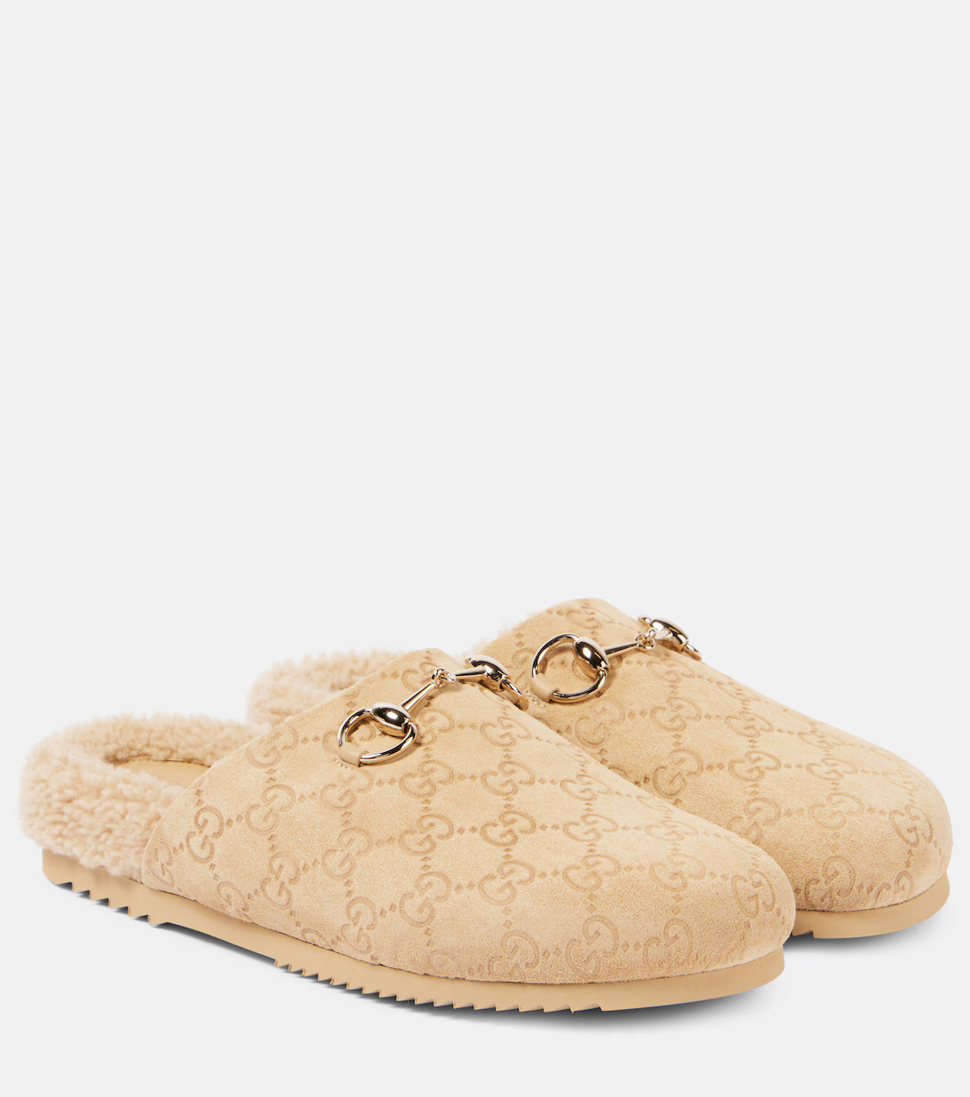 Horsebit GG shearling-lined suede mules | Mytheresa (US/CA)