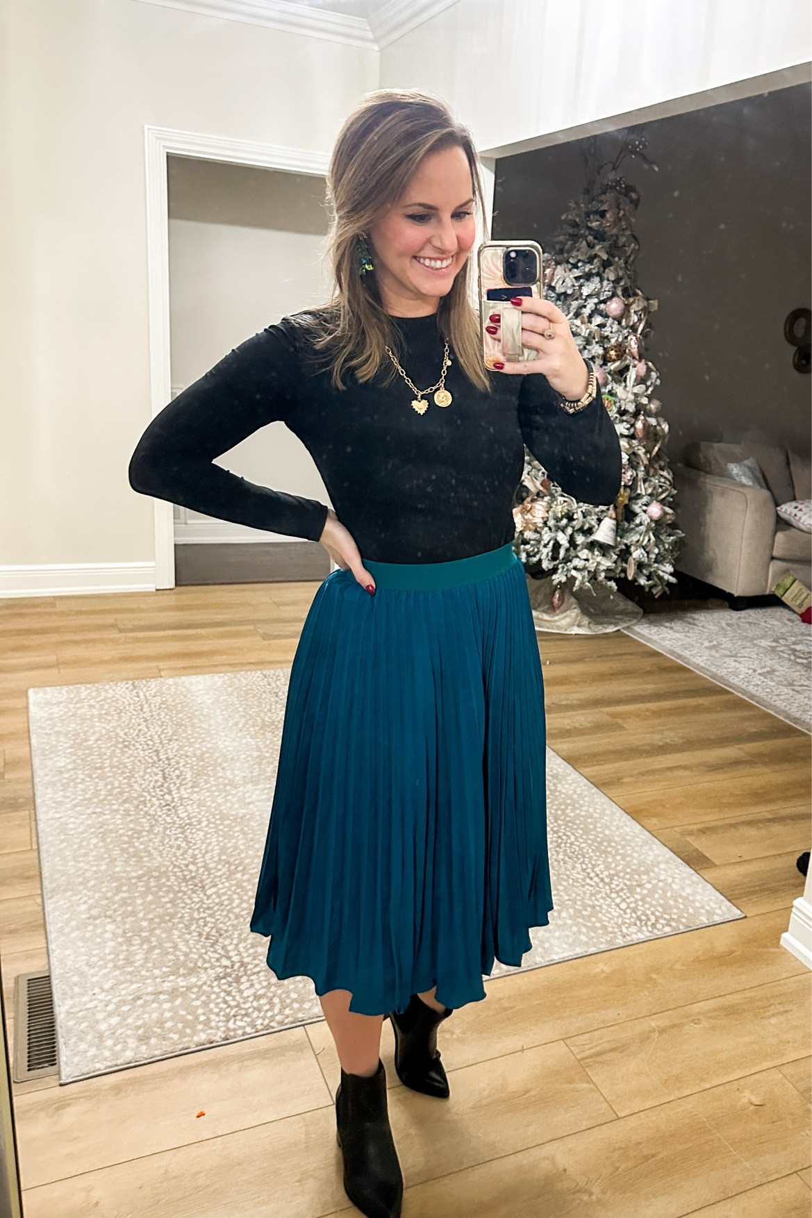 Valentines or galentines dinner outfit or date night look! Wearing size M in this skimms look alike too and pleated maxi / midi skirt. Black heeled ankle booties & gold coin & heart charm necklace. 

#LTKSeasonal #LTKStyleTip #LTKParties