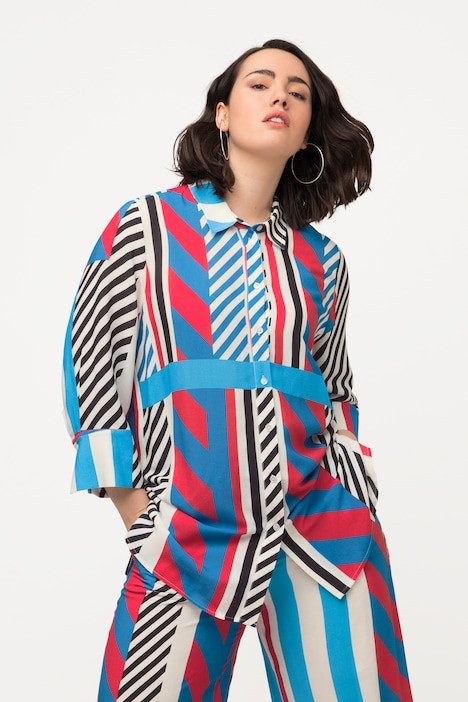 Clashing Stripes Button Down 3/4 Sleeve Blouse | Long Blouses | Blouses | Ulla Popken - US & CA