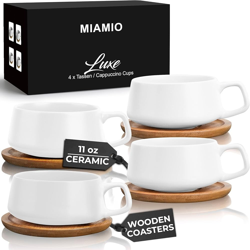 MIAMIO – 11 Oz., Set of 4 Ceramic Tea Cup and Saucer Bamboo/Tea Mug - Wide Cappuccino Cup, Coff... | Amazon (US)