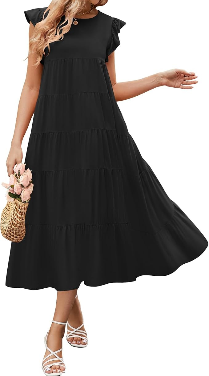 ZESICA Women's 2024 Summer Ruffle Cap Sleeve Crewneck Casual Loose Flowy Pleated Tiered Midi Dres... | Amazon (US)