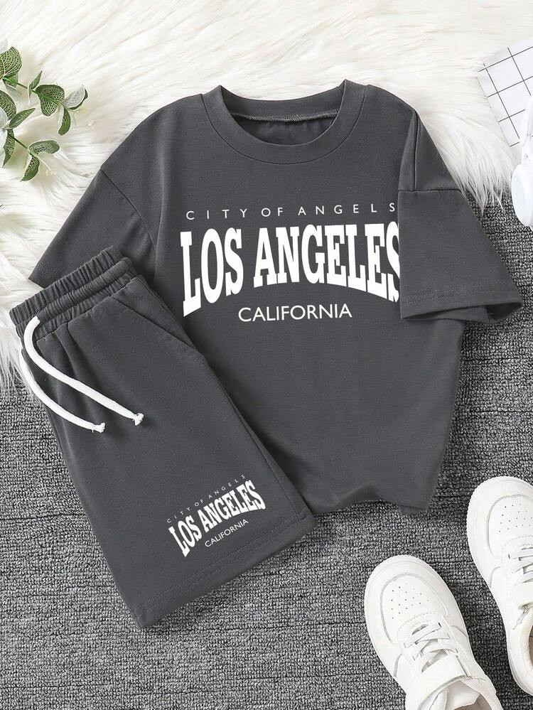Tween Boy Cartoon Letter Graphic Print Crew Neck Short Sleeve T-Shirt & Shorts Set | SHEIN