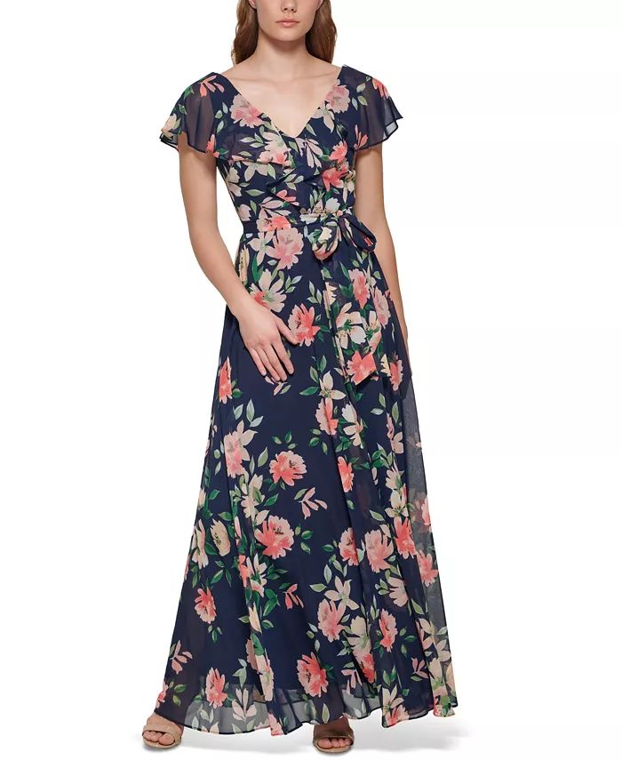 Eliza J Women's Floral-Print Flutter-Sleeve Chiffon Dress - Macy's | Macy's