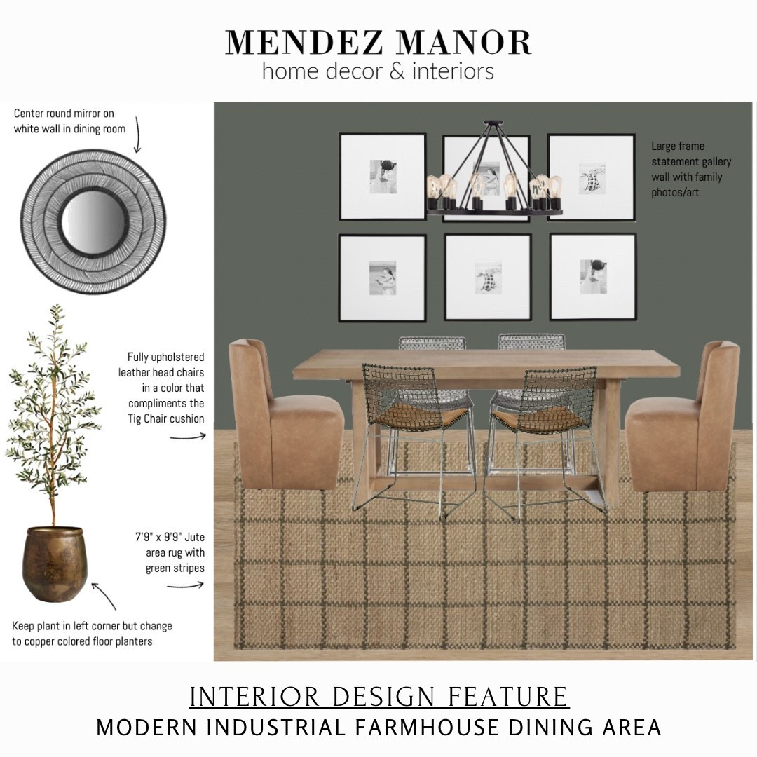 This dining room design features the Portola extension dining table from Pottery Barn paired with the Tig metal dining chairs and 2 fully upholstered leather head chairs. 

We love this modern farmhouse pendant light over the table and the grid jute area rug ties everything together. 

#LTKStyleTip #LTKSaleAlert #LTKHome