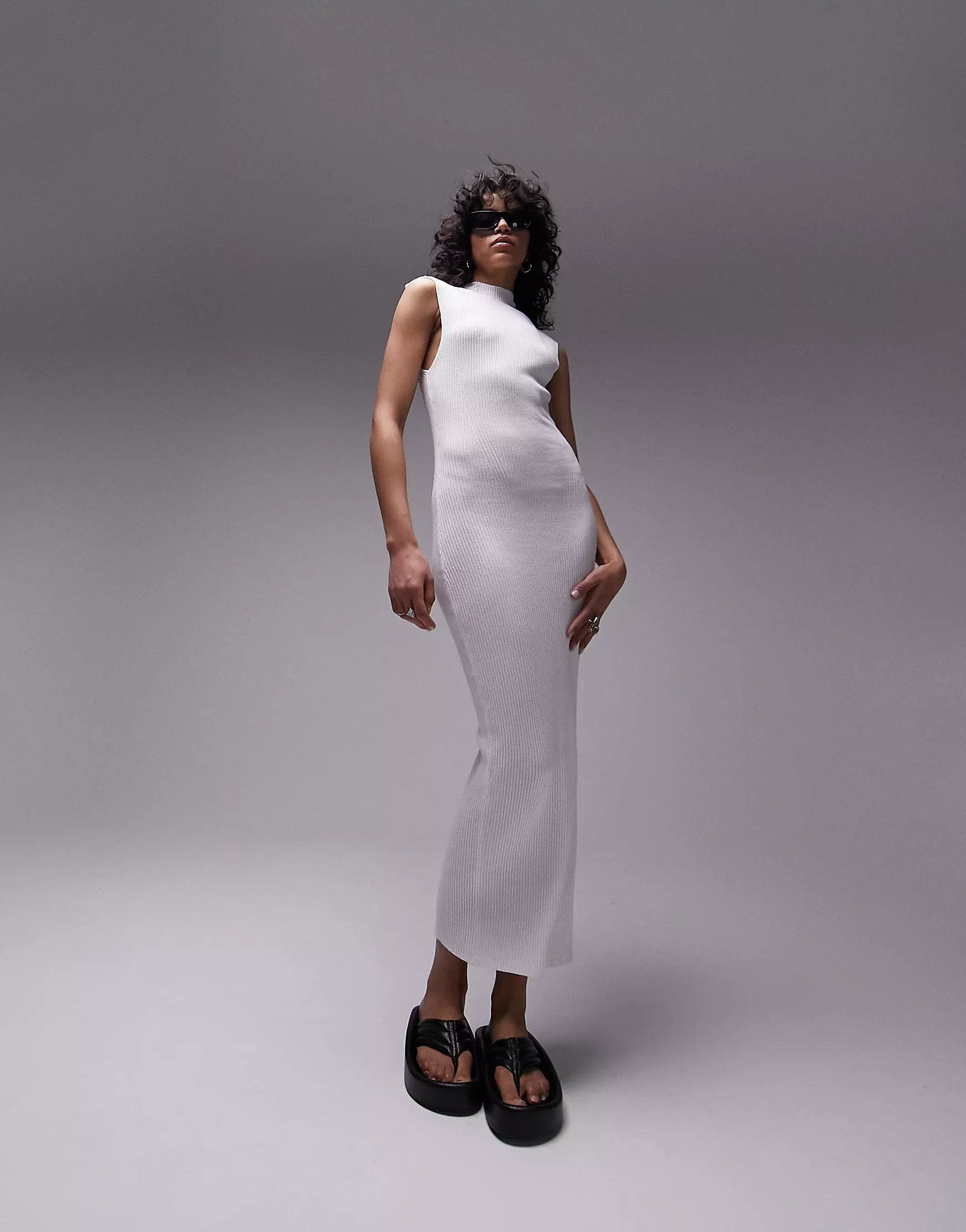 Topshop knitted wide shoulder dress in ivory | ASOS (Global)