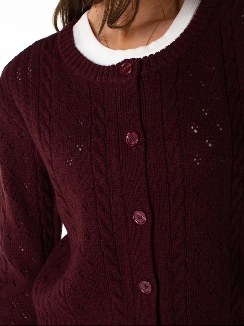Celebrity Pink Women's Pointelle Crew Neck Cardigan Sweater, Sizes XS-XXXL | Walmart (US)