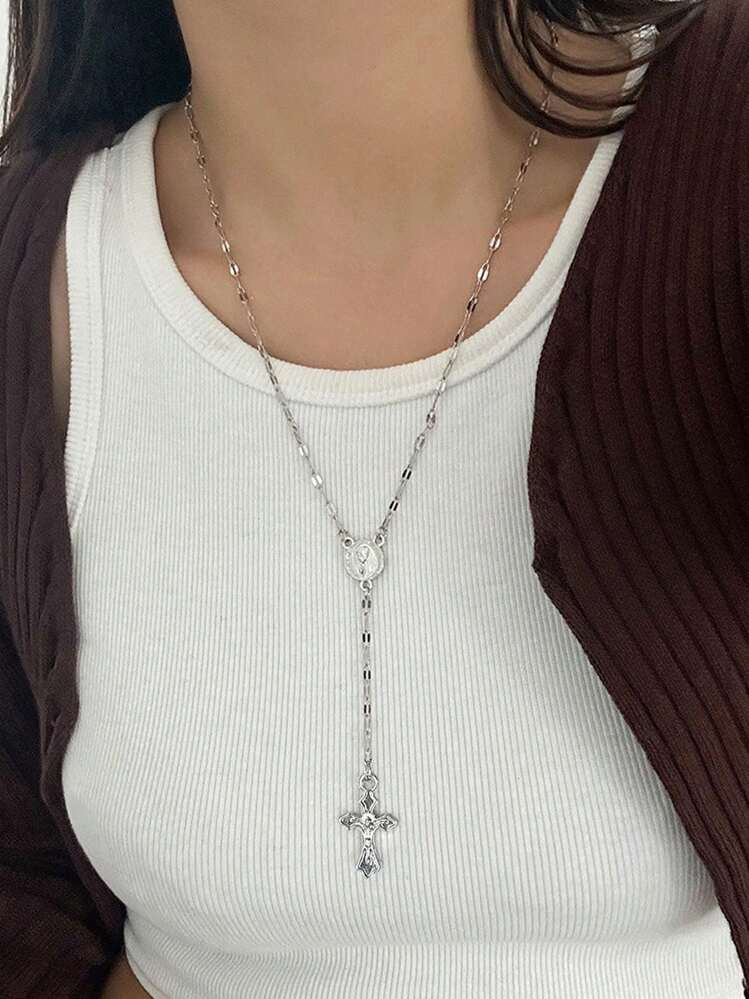 1pc Fashionable & Elegant Virgin Mary Embossed Y-Shaped Long Necklace With Retro Religious Cross Pendant, Suitable For Daily Wear, Gatherings, And Photo-Taking' | SHEIN