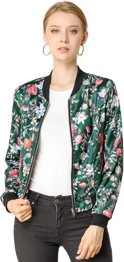 Allegra K Women's Winter Bomber Jacket Long Sleeve Stand Collar Zipper Floral Print Jacket with P... | Amazon (US)