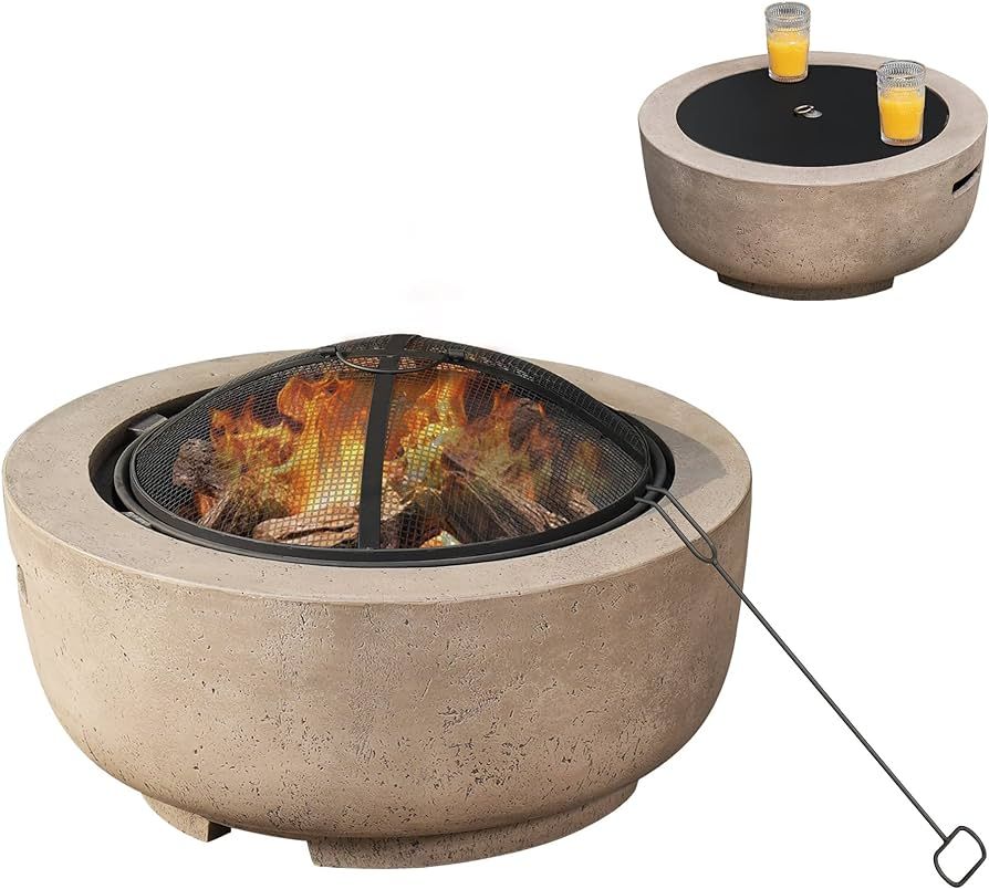 HOOOWOOO 24" Small Round Outdoor FirePit,Concrete Wood Burning Fire Pits Bowl,Faux Stone Clay Fir... | Amazon (US)