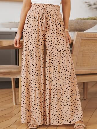 Dalmatian Print Tassel Tie Waist Ruffle Hem Wide Leg Pants | SHEIN