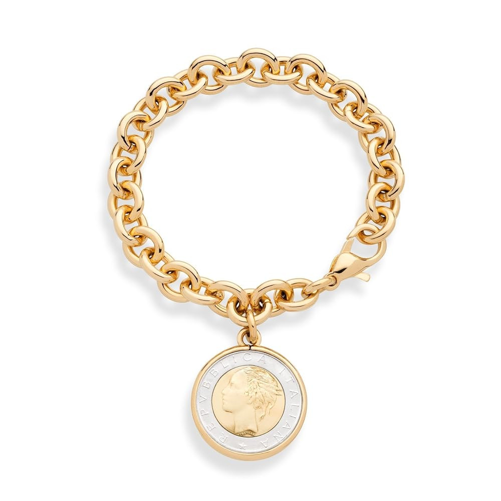 Miabella 18K Gold Plated Bronze Italian Genuine 500-Lira Coin Charm Rolo Link Chain Bracelet for ... | Amazon (US)