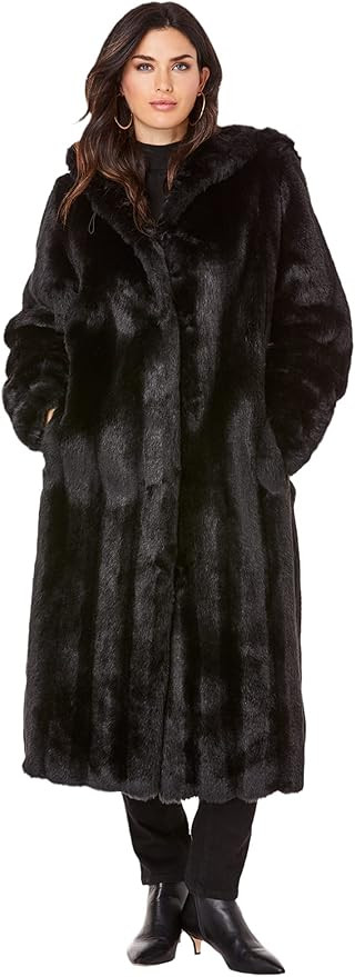 Roaman's Women's Plus Size Full Length Faux-Fur Coat With Hood | Amazon (US)
