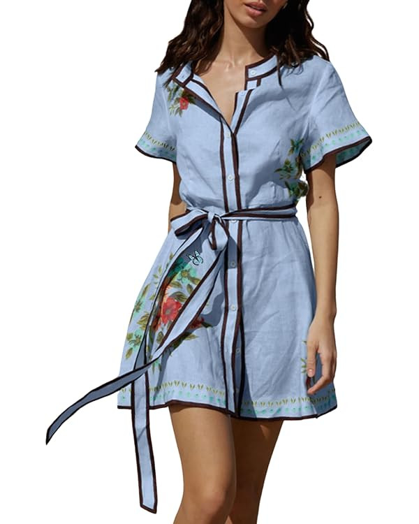 CHARTOU Women's Floral Linen Button Down Wrap Tie Knot Boho Beach Shirt Dress with Belt | Amazon (US)