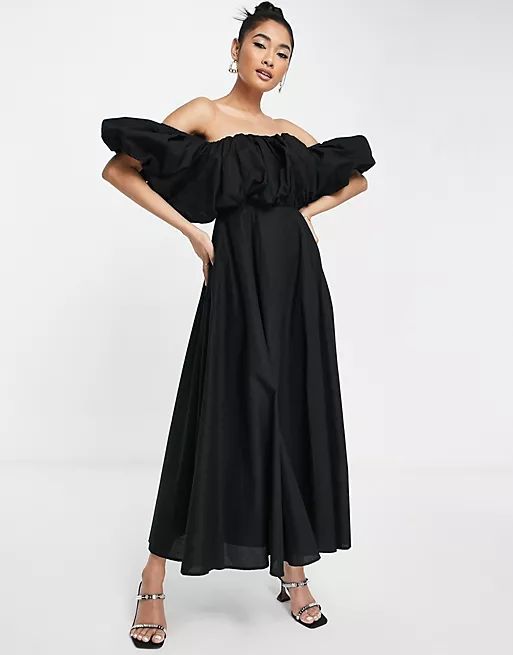 ASOS EDITION puff off shoulder cotton midi dress in black | ASOS (Global)