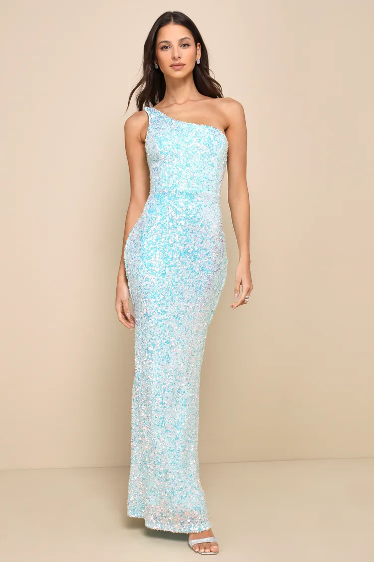 Dazzling Aura Blue Iridescent Sequin Lace-Up One-Shoulder Dress | Lulus