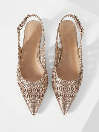 MOTF SPRING AND SUMMER GOLD DRAWSTRING ELECTRIC EMBROIDERY HOLLOW PATTERN POINTED TOE SHORT HEEL ... | SHEIN