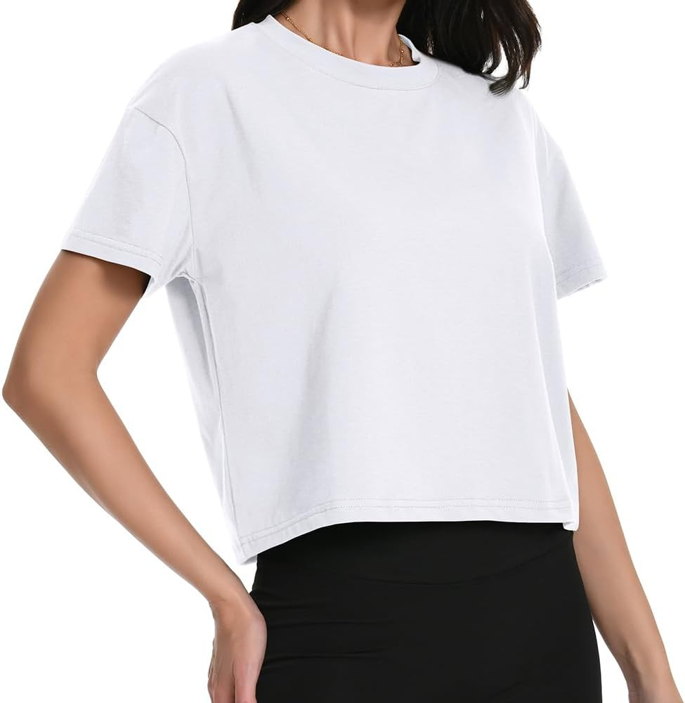 Women Workout Crop Tops Oversized T-Shirts Cotton Short Sleeve Boxy Shirts     Breathable Cotton ... | Amazon (US)