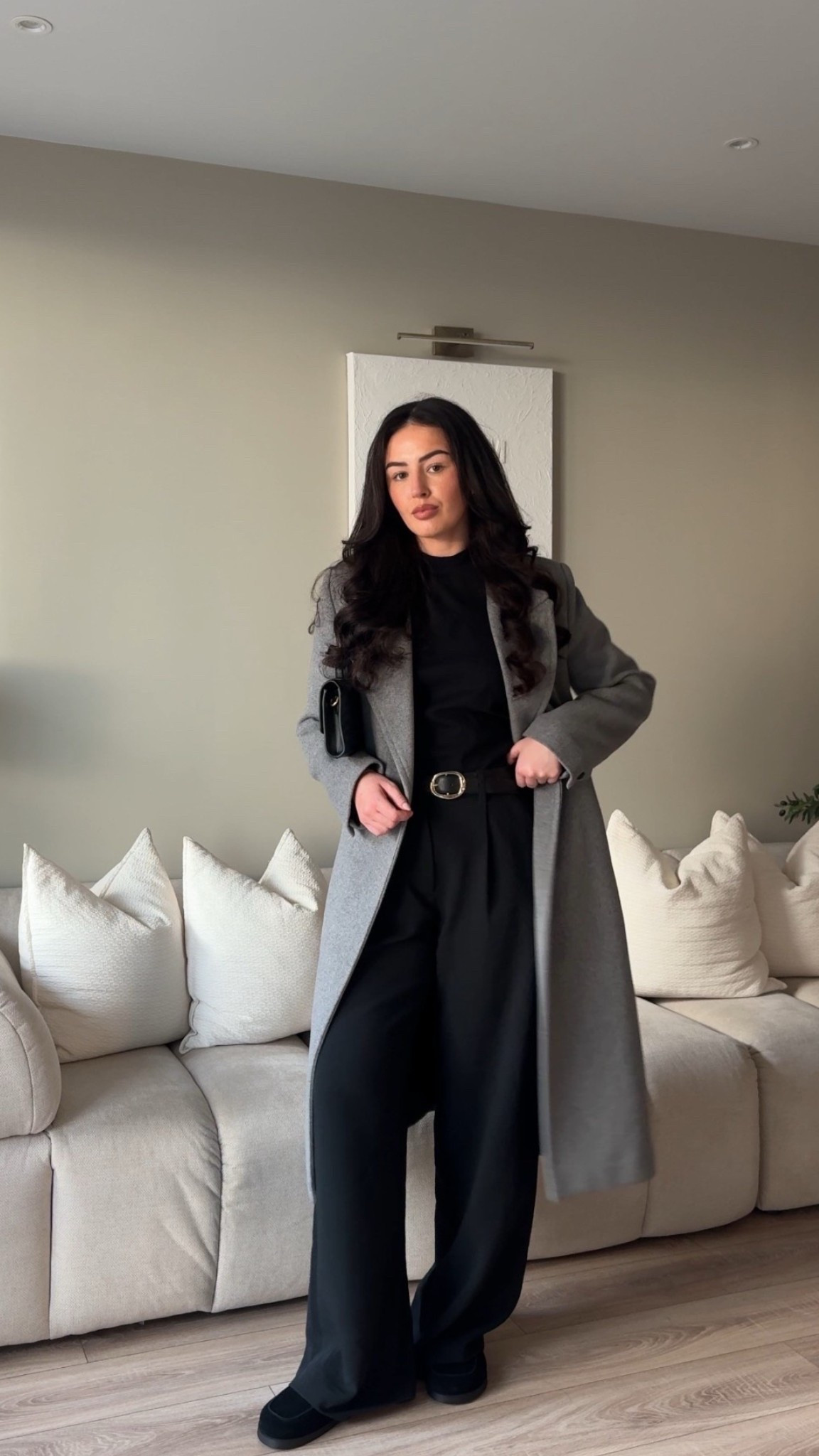 Office outfit, office wear, workwear, black trousers, wide leg trousers, black mules, grey coat, shoulder pad top, ASOS, Topshop, smart casual outfit

#LTKworkwear #LTKeurope #LTKuk