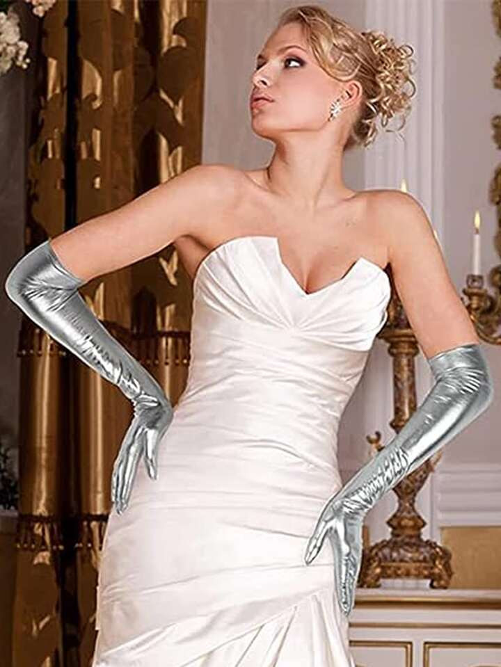 Guantes Sin Dedos Largos De 50 Cm De Laca Metálica Blanca Para Mujeres, Para Disfraz De Cosplay,... | SHEIN