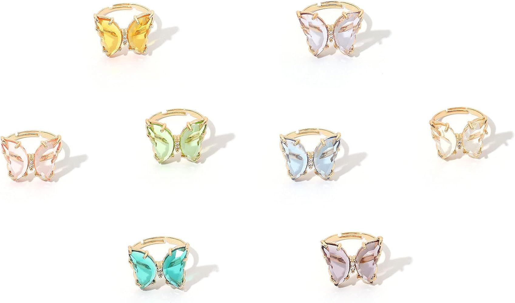 8 Pcs Gold Plated 3D Butterfly Rings Acrylic Adjustable Open Colorful Crystal Bowknot Shaped Band... | Amazon (US)