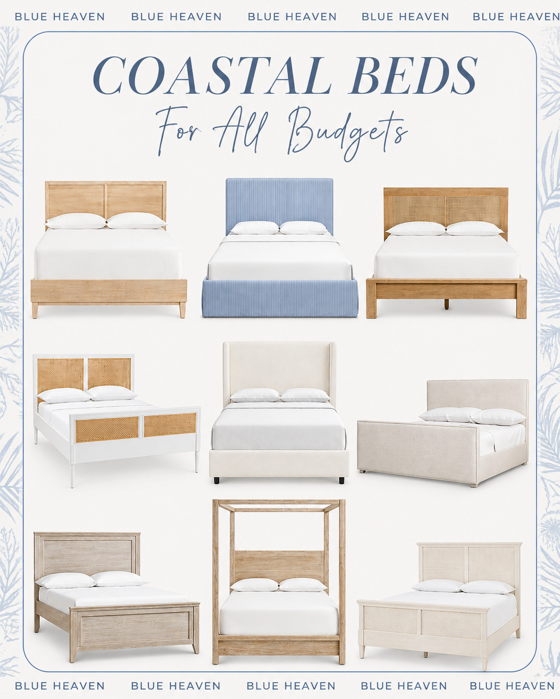 Sharing a round-up of some of my favorite coastal beds (across all budgets), many several of which are on sale! - Coastal home decor, coastal furniture, woven furniture, beach house furniture, white upholstered beds, woven beds, rattan beds, white beds, affordable beds, gray beds, home depot beds, wayfair beds, pottery barn beds, white & woven beds, cane beds, queen size beds, king size beds, California king beds, full size beds, headboards, beds with footboard, platform beds, panel beds, beds for teens, beds for girls, primary bedroom furniture, master bedroom furniture, blue beds, slipcover beds, beach house beds, striped beds, home sales, bedroom furniture on sale, white & cane beds, Serena & Lily beds #LTKSaleAlert

#LTKHome 

 #LTKuk #LTKfamily
