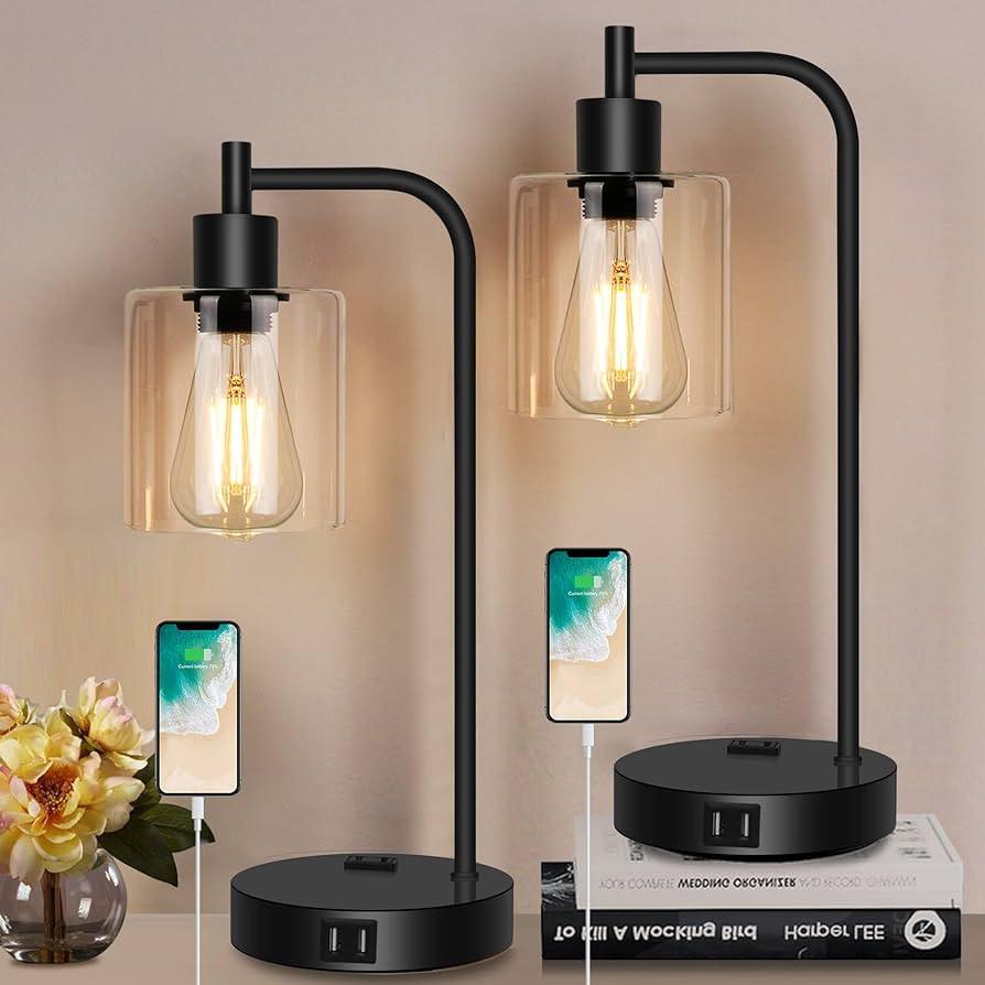 QiMH Industrial Touch Control Table Lampwith 2 USB Ports and AC Outlet, 3-Way Dimmable Bedside Ni... | Amazon (US)