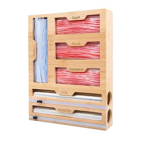 Bamboo Storage Bag Organizer for Drawer - 6 in 1 Foil and Plastic Wrap Organizer with Cutter, Plastic Bag Organizer for Drawer suitable as Gallon, Quart, Sandwich Bag Organizer and Wrapping Papers. | Amazon (US)