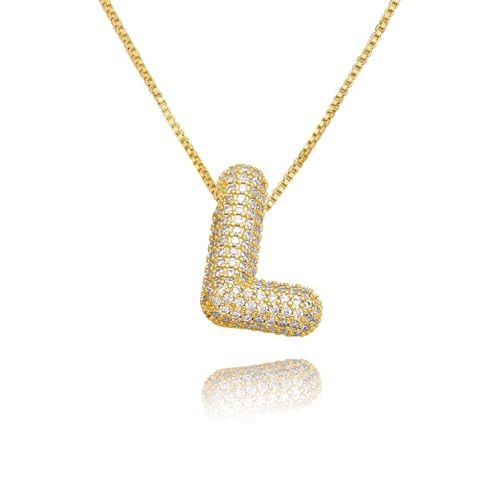 TZPI L Bubble Letter Necklace Gold for Women, Rhinestone Bubble Balloon Initial Necklace for Her, Charm Puff Letter Name Pendant Chunky Alphabet necklace | Amazon (US)