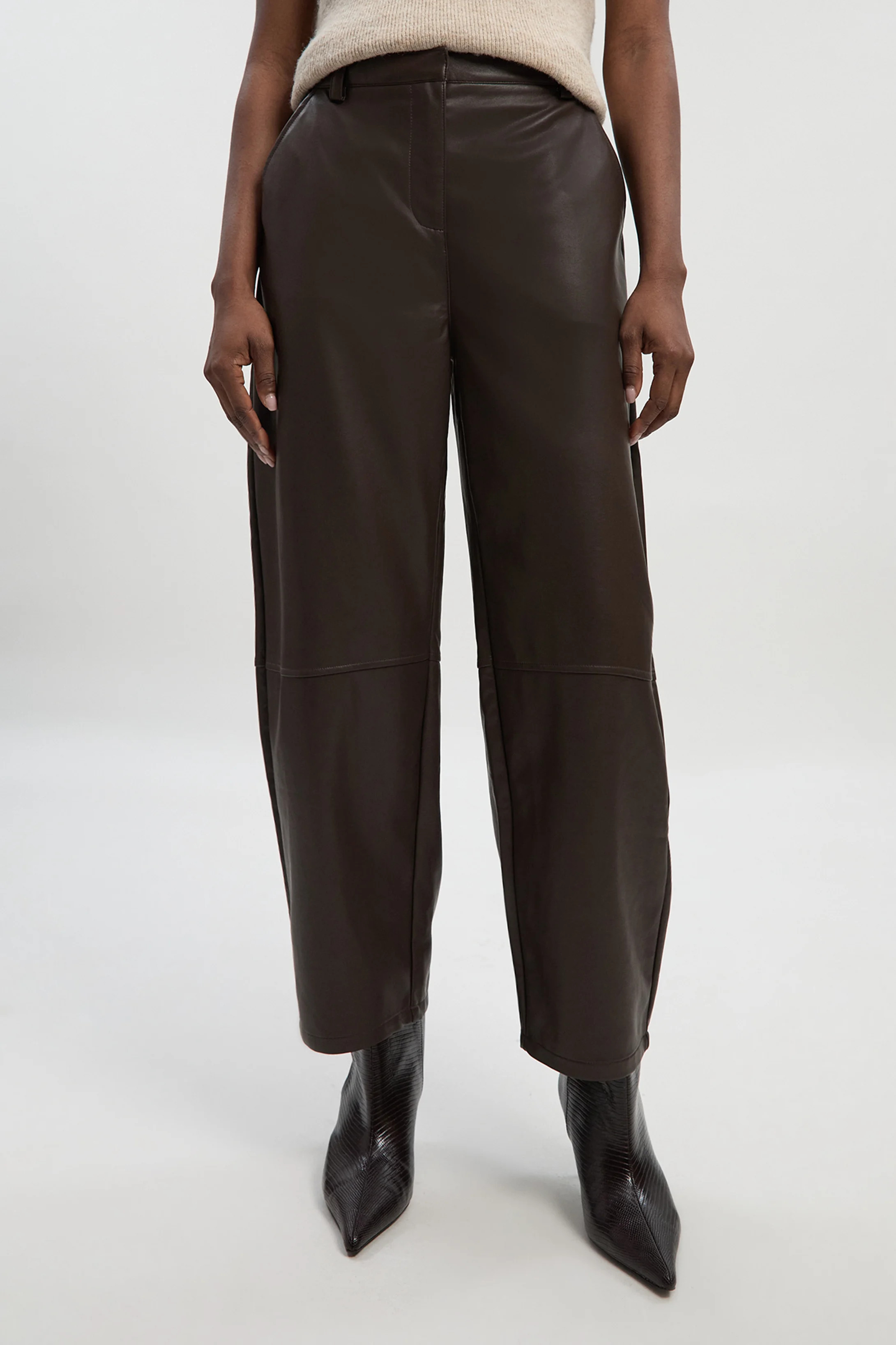Faux Leather Barrel Leg Trouser | Karen Millen UK + IE + DE + NL