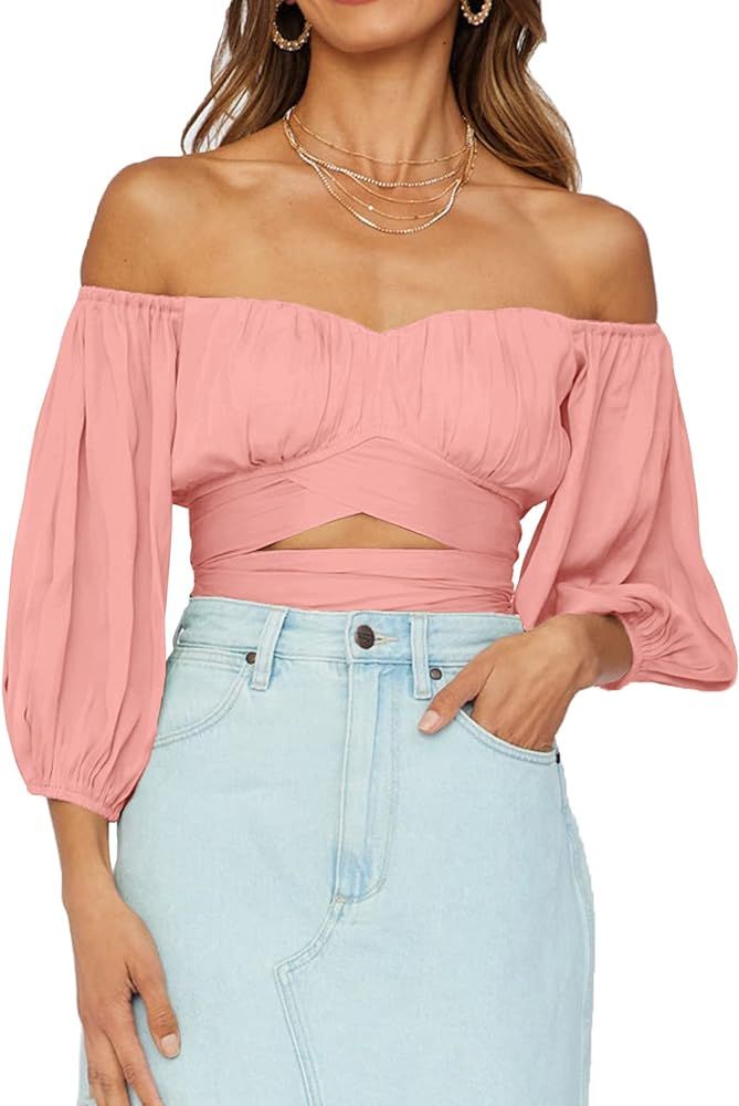 Umenlele Women's Sexy Off Shoulder Ruched Puff Half Sleeve Tie Knot Blouse Crop Top | Amazon (US)