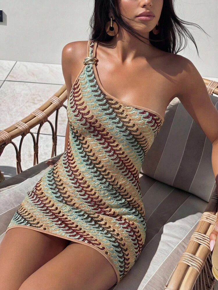 Swim Glamine Women's Beige Summer Boho Beach Vacation Holiday Holiday Striped Sleeveless Mini One... | SHEIN