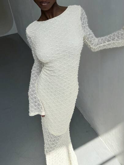 Aloruh New Apricot Sexy Backless Jacquard Knit Stretchable Dress, Autumn/Winter, Versatile' | SHEIN