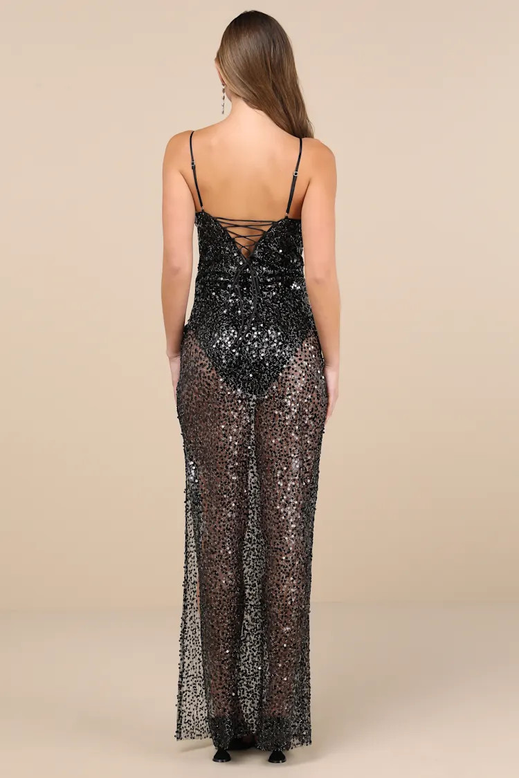 Enticing Mindset Black Sheer Mesh Sequin Lace-Up Maxi Dress | Lulus