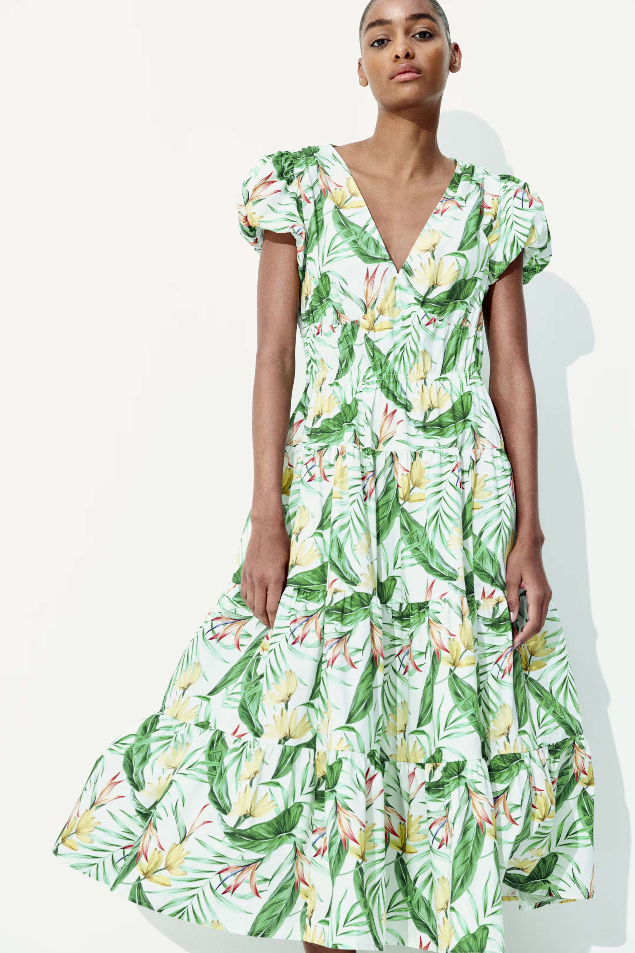 Tiered-Skirt Poplin Dress - White/floral - Ladies | H&M US | H&M (US + CA)