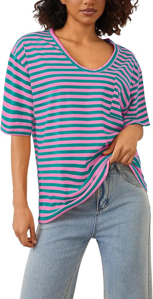 MISSACTIVER Oversized Striped T-Shirt for Women Casual Deep V Neck Short Sleeve Drop Shoulder Tee... | Amazon (US)