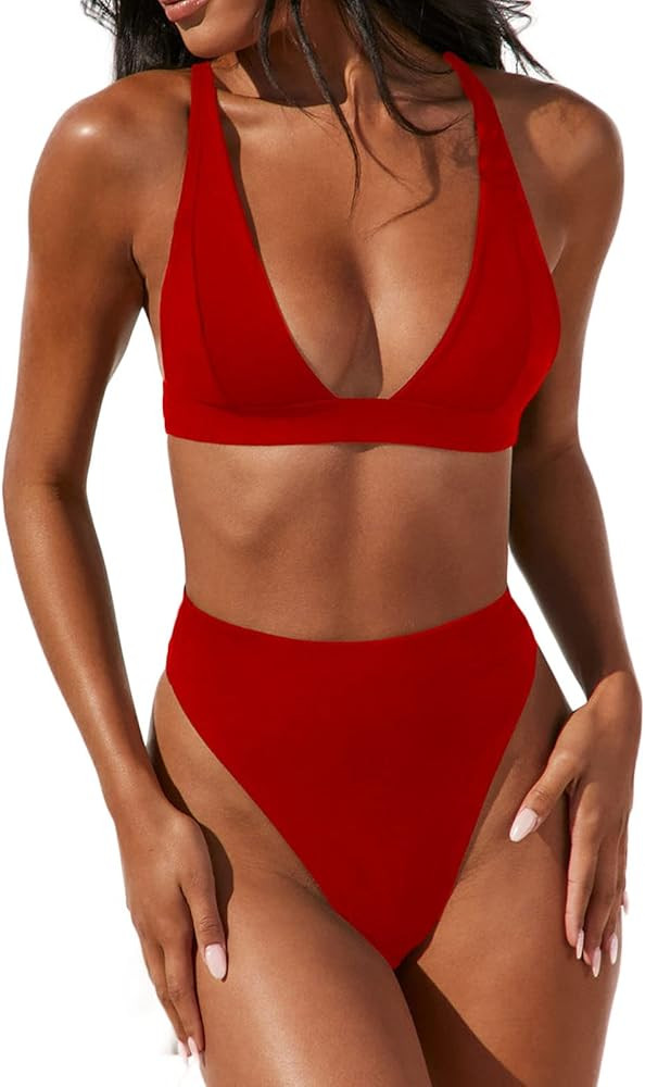 Women Sexy Brazilian Bikini Sets 2 Piece Cheeky Triangle Bikini V Neck Swimsuit high Cut Thong Bo... | Amazon (US)